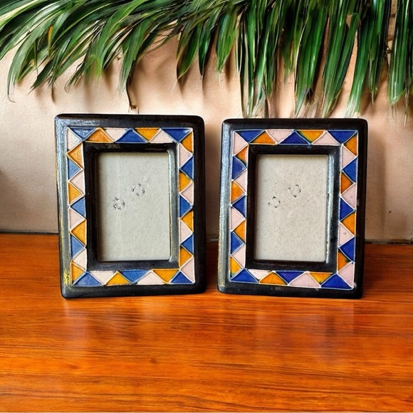 Set of 2 Handpainted Ceramic Tile Picture Frames – Multicolor Geometric Mosaic - Picture 2 of 14